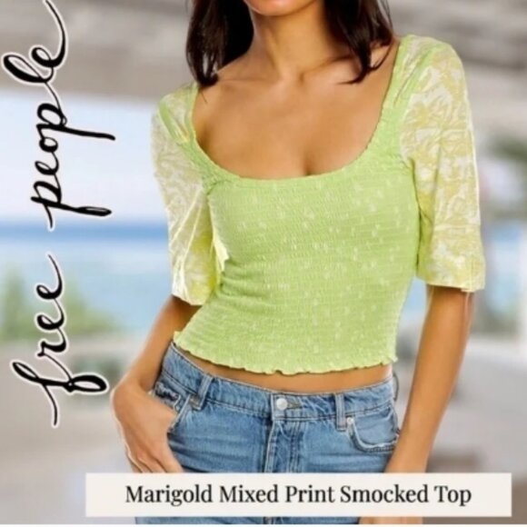 FREE PEOPLE Marigold Smocked Quarter Sleeve Crop Top L 🆕⌚📦🏃💨🚚 - Picture 1 of 15